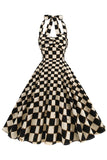 Black Grid Plaid Halter Short Vintage 1950s Dress