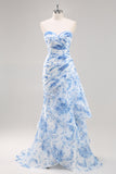 Strapless Mermaid White Blue Floral Prom Dress