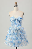 Strapless White Blue Flower A-line Tiered Short Homecoming Dress with Bow
