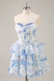 White Blue Flower Corset Tiered Short Homecoming Dress