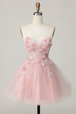 Pink Corset A Line Short Appliqued Homecoming Dress with Beading