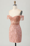 Dusty Rose Bodycon Off The Shoulder Corset Short Homecoming Dress with Beading