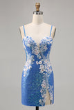 Sparkly Floral Blue Beaded Bodycon Sequins Homecoming Dress with Slit