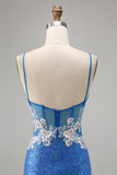 Sparkly Floral Blue Beaded Bodycon Sequins Homecoming Dress with Slit