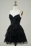 Gorgeous A Line Spaghetti Straps Black Sparkly Corset Homecoming Dress