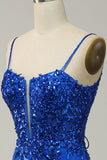 Mermaid Spaghetti Straps Red Sequins Long Prom Dress with Split Front