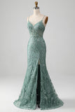 Sparkly Grey Green Mermaid Spaghetti Straps Long Prom Dress with Beading