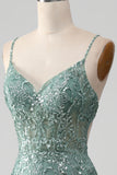 Sparkly Grey Green Mermaid Spaghetti Straps Long Prom Dress with Beading